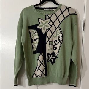 Green Graphic Knit Sweater with Black & Cream Accents